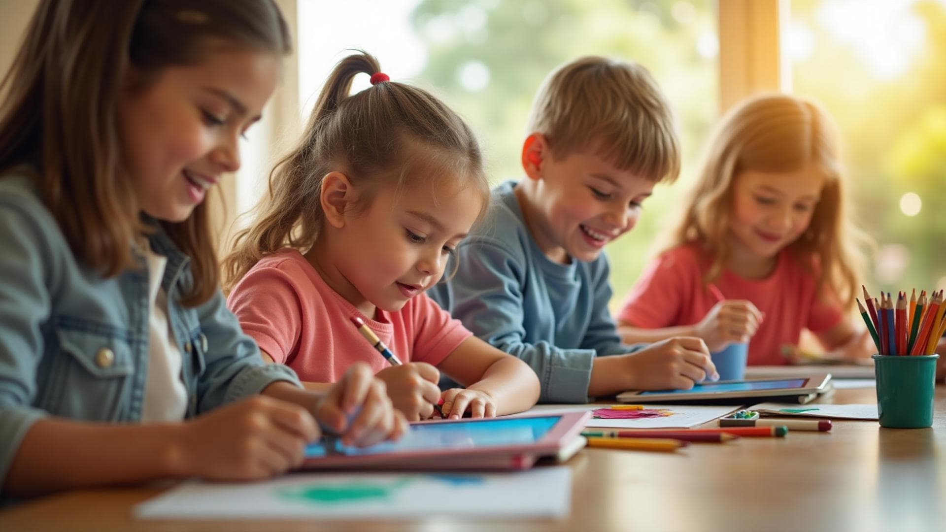 Children learning together in a bright, joyful classroom environment
