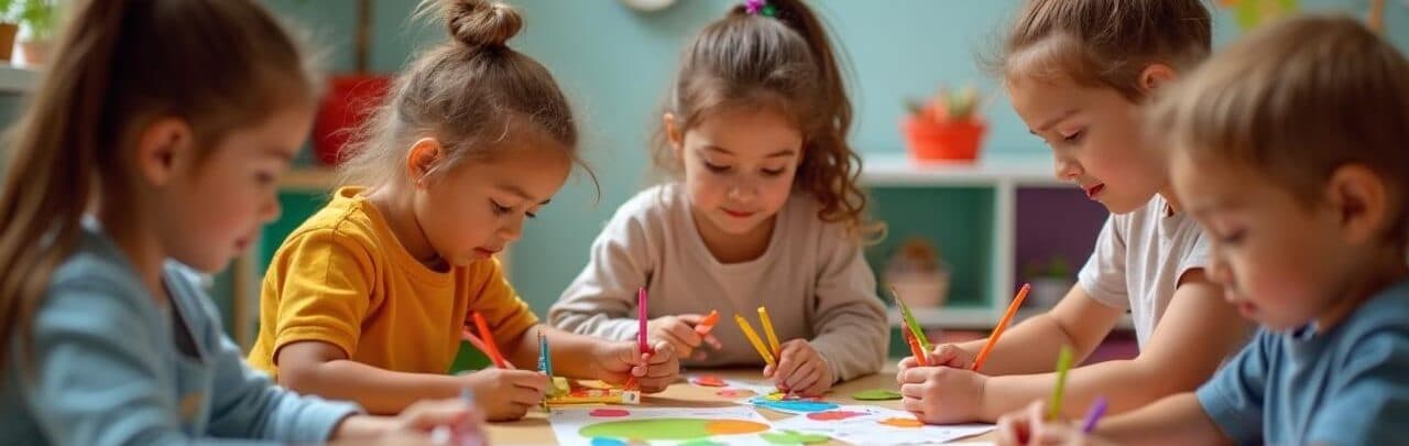 Kids drawing and creating in a teal-themed classroom workshop